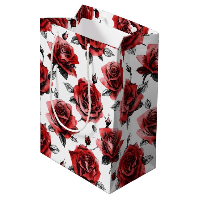 Beautiful Red Roses Illustration Style Valentine's Medium Gift Bag (Back Angled)