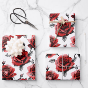 Beautiful Red Roses Illustration Style Valentine's Wrapping Paper Sheets