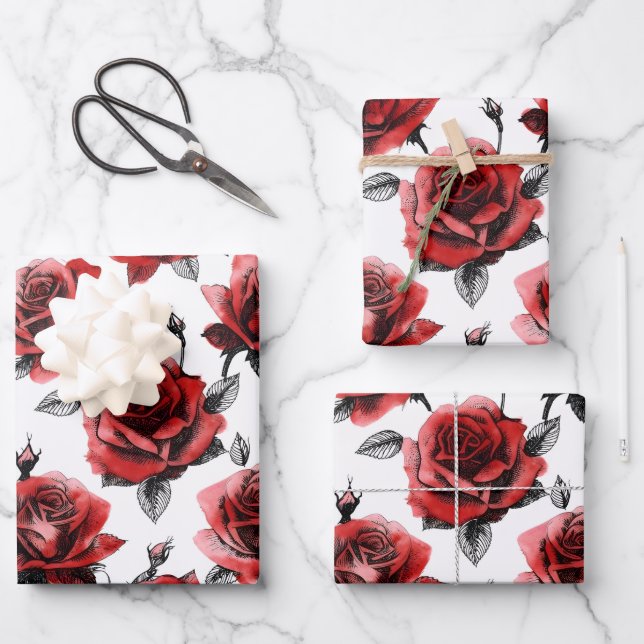 Beautiful Red Roses Illustration Style Valentine's Wrapping Paper Sheets (Front)
