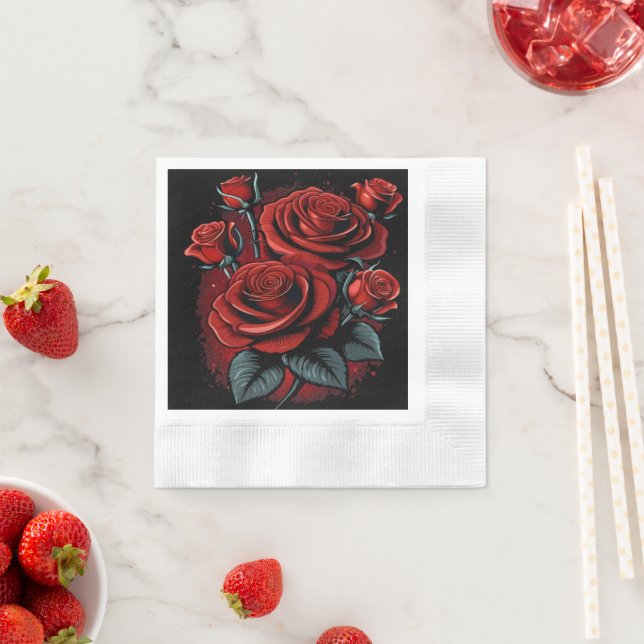 Beautiful Red Roses on Black Party Napkins (Insitu)