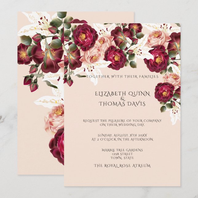 Beautiful Red Roses Pink Peonies White Lilies   Invitation (Front/Back)