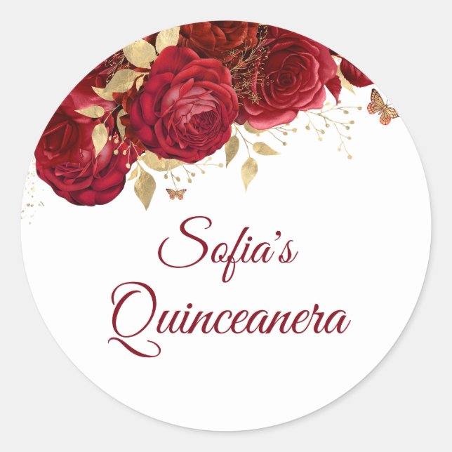 Beautiful Red Roses Quinceanera Party favor Classic Round Sticker (Front)