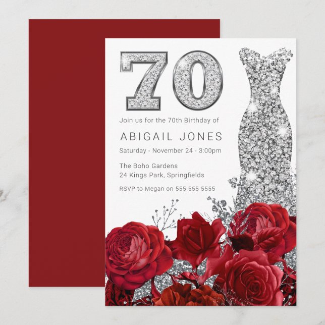 Beautiful Red Roses & Silver Dress 70th Birthday Invitation (Front/Back)