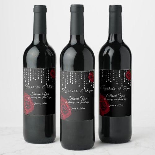 Beautiful Red Roses Sparkle Diamonds Thank You Wine Label