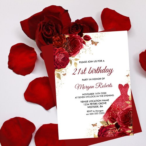 Beautiful Red Roses Sparkle Dress 21st Birthday Invitation