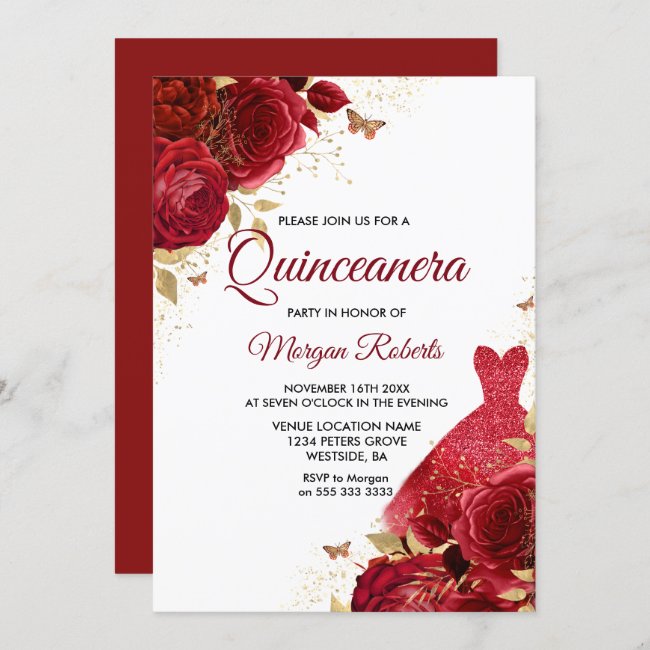 Beautiful Red Roses Sparkle Dress Quinceanera Invitation