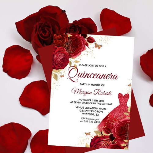Beautiful Red Roses Sparkle Dress Quinceanera Invitation