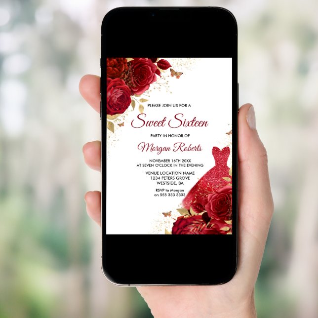 Beautiful Red Roses Sparkle Dress Sweet 16 Invitation (Front Digital)