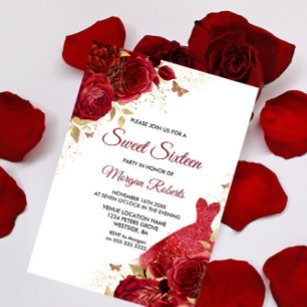 Beautiful Red Roses Sparkle Dress Sweet 16 Invitation
