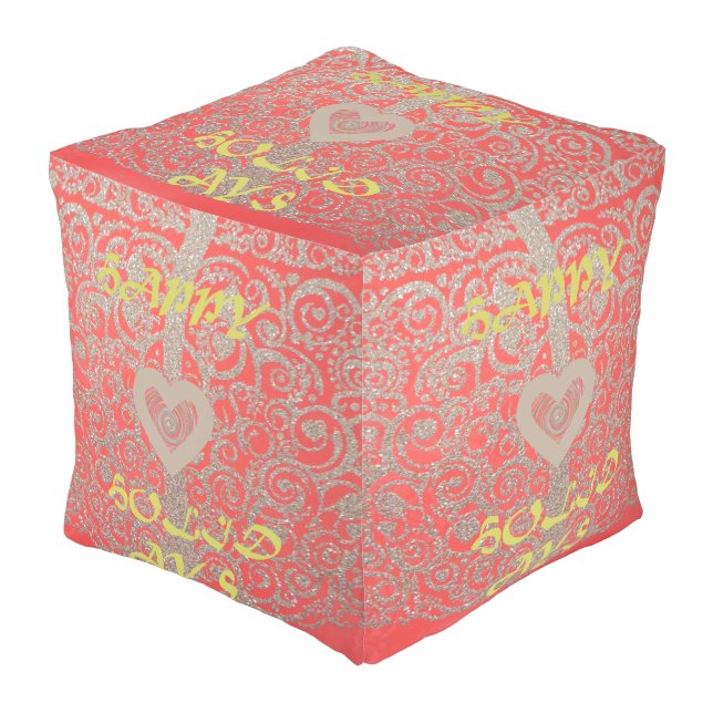 Beautiful Red silver all weather happy holidays Outdoor Pouf (Angled Front)
