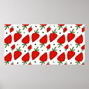 Beautiful red strawberries seamless pattern poster