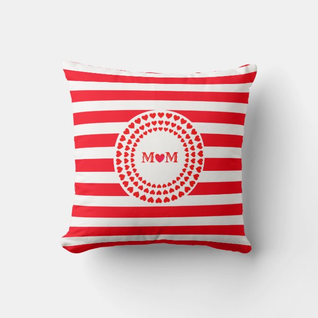 Beautiful Red Stripes and Heart Mandala Throw Pillow (Front)