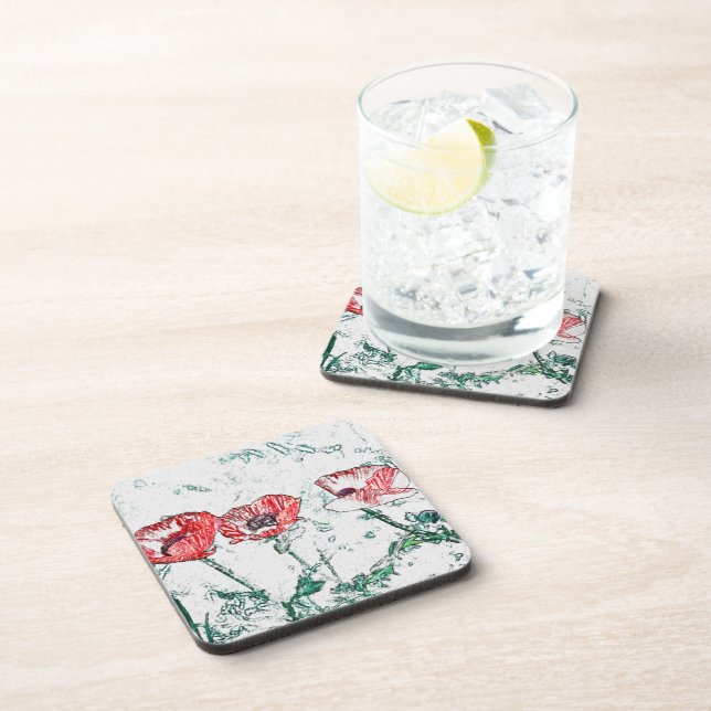 Beautiful Red Three Poppy Flowers Sketch Beverage Coaster (Right Side)