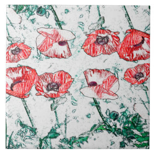 Beautiful Red Three Poppy Flowers Sketch Ceramic Tile