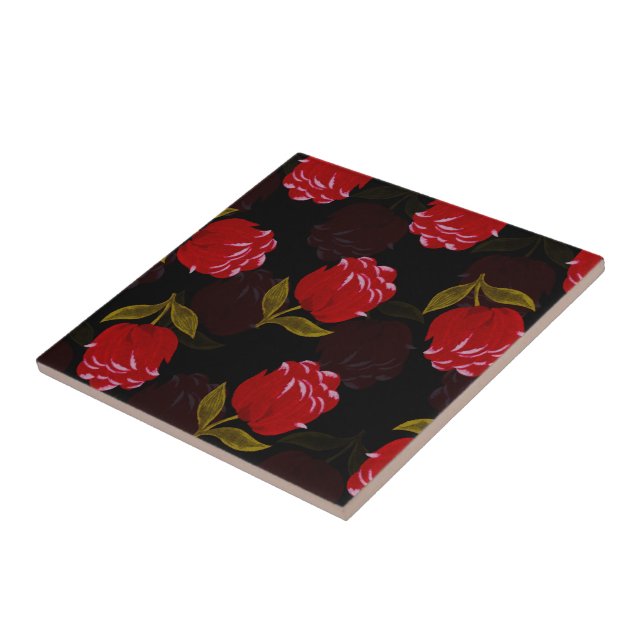 Beautiful Red translucent roses embroidery pattern Ceramic Tile (Side)