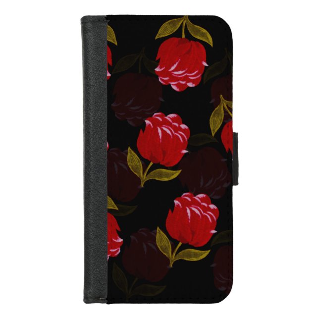 Beautiful Red translucent roses embroidery pattern iPhone Wallet Case (Front)