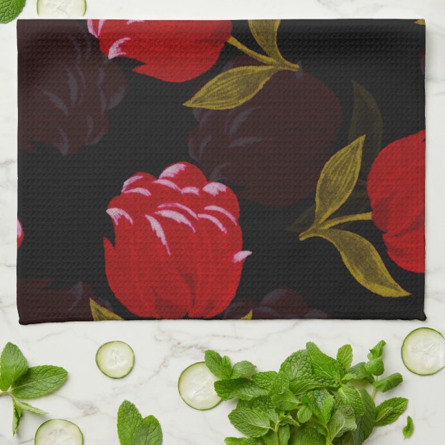 Beautiful Red translucent roses embroidery pattern Kitchen Towel (Folded)