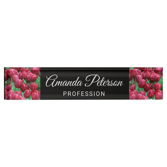 Beautiful Red Tulip and Black Floral Professional Desk Name Plate (Front)