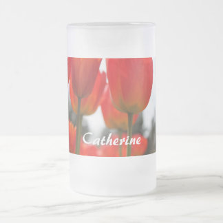 Beautiful Red Tulip Flowers. Frosted Glass Beer Mug