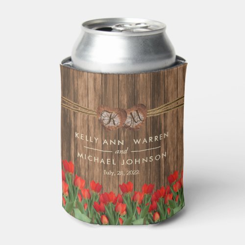 Beautiful Red Tulip Flowers on Wood Can Cooler