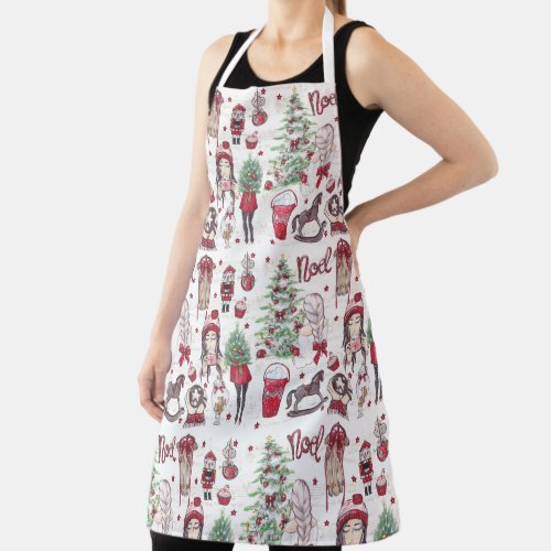 Beautiful Red Watercolor Christmas elements Apron