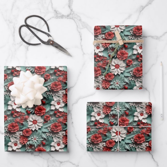 Beautiful Red White and Green 3D  Poinsettia Wrapping Paper Sheets (Front)