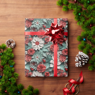 Beautiful Red White and Green 3D Poinsettias Wrapping Paper