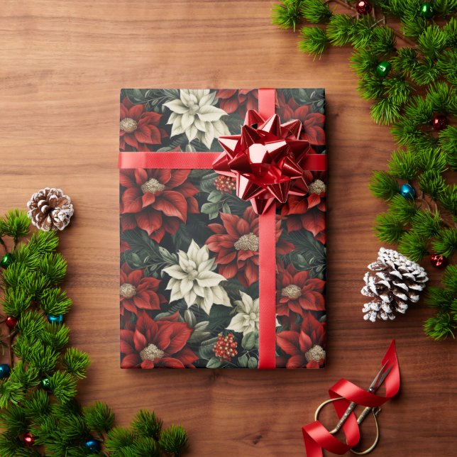 Beautiful Red White and Green Poinsettia Wrapping Paper (Holiday Gift)