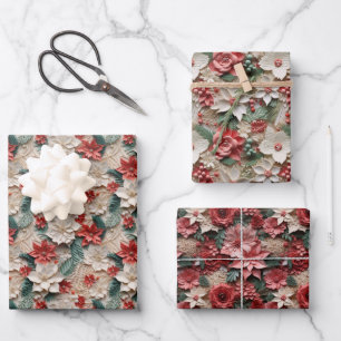 Beautiful Red White and Green Poinsettia Wrapping Paper Sheets