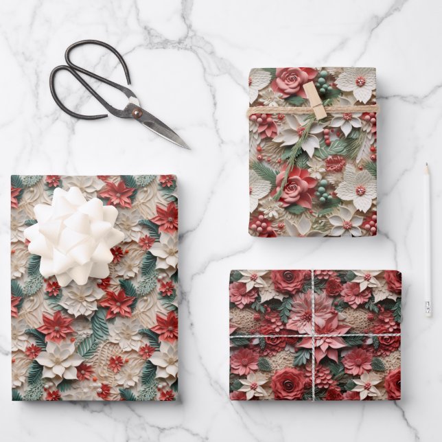 Beautiful Red White and Green Poinsettia Wrapping Paper Sheets (Front)