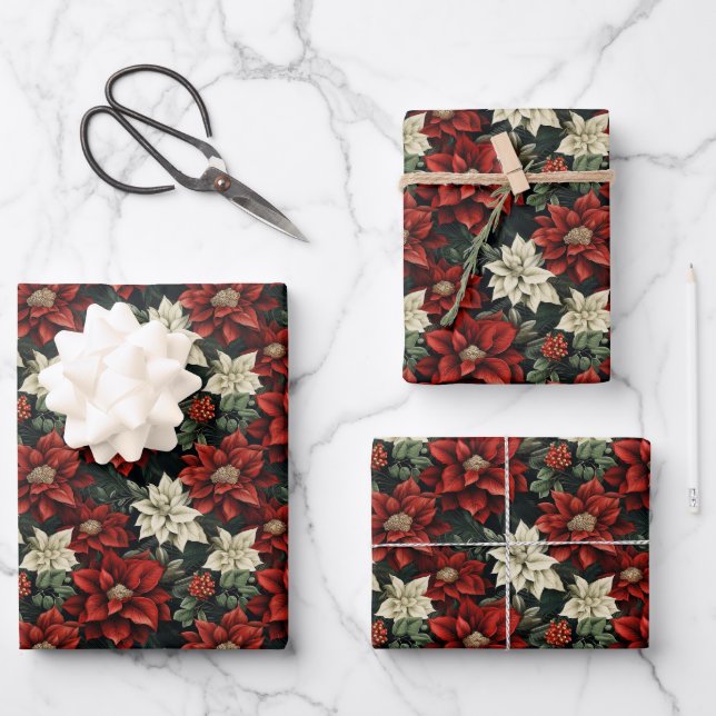 Beautiful Red White and Green Poinsettia Wrapping Paper Sheets (Front)