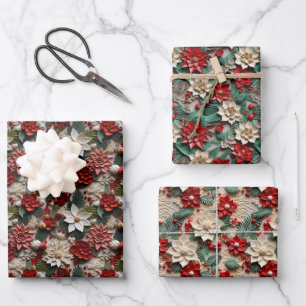 Beautiful Red White and Green Poinsettia Wrapping Paper Sheets