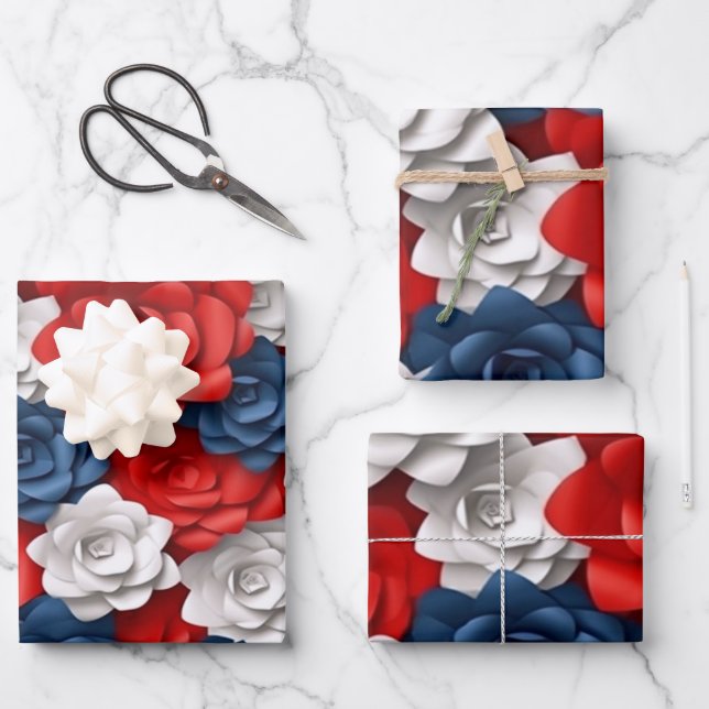 Beautiful Red White Blue Flower Garden Floral USA  Wrapping Paper Sheets (Front)