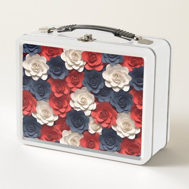 Beautiful Red White Blue Flower Garden USA America Metal Lunch Box (Front)