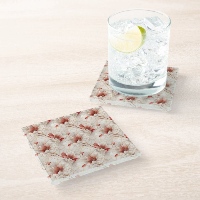 Beautiful Red White Floral Glass Coaster (Angled)