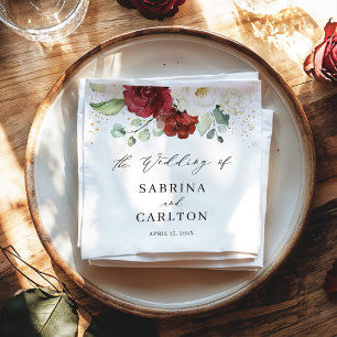Beautiful Red White Floral Gold Confetti Wedding Napkins