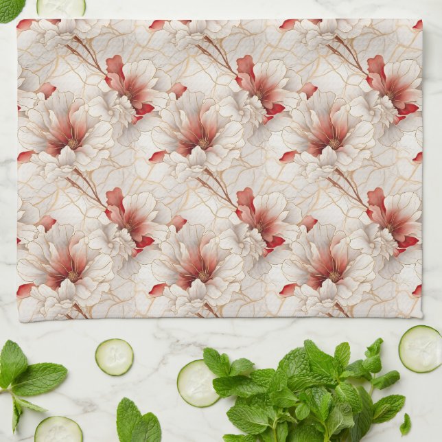 Beautiful Red White Floral Kitchen Towel (Folded)