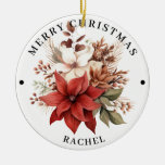Beautiful Red &amp; White Floral  Merry Christmas  Ceramic Ornament