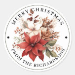 Beautiful Red &amp; White Floral  Merry Christmas  Classic Round Sticker