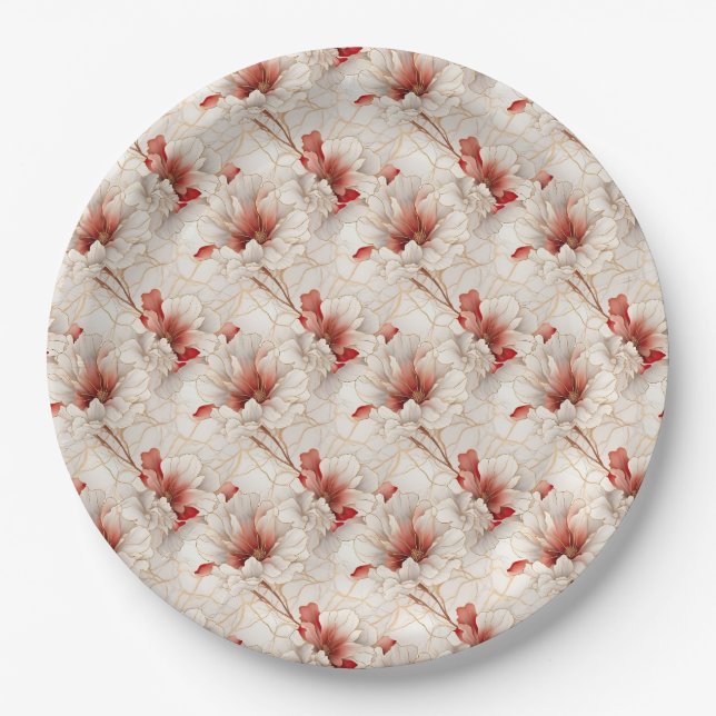 Beautiful Red White Floral Paper Plates (Front)