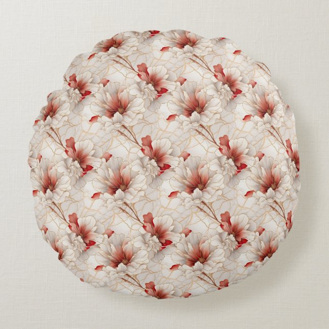 Beautiful Red White Floral Round Pillow (Front)