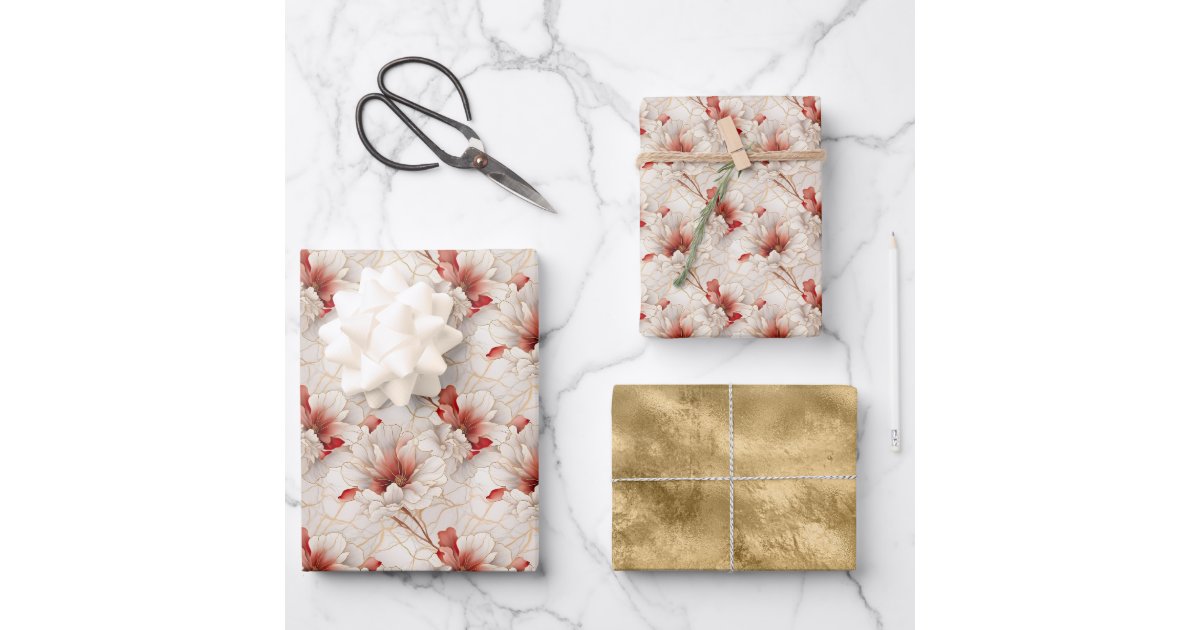 Beautiful Red White Floral Wrapping Paper Sheets | Zazzle