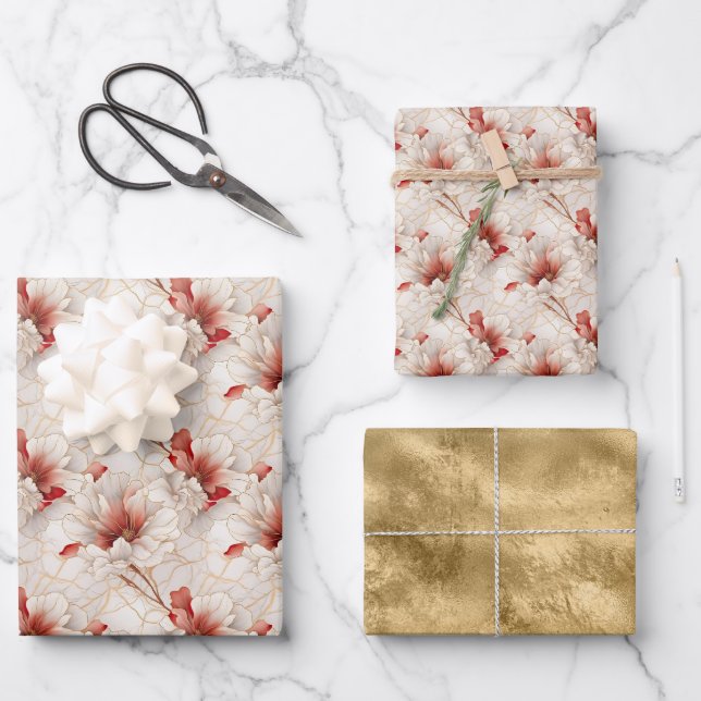 Beautiful Red White Floral Wrapping Paper Sheets (Front)