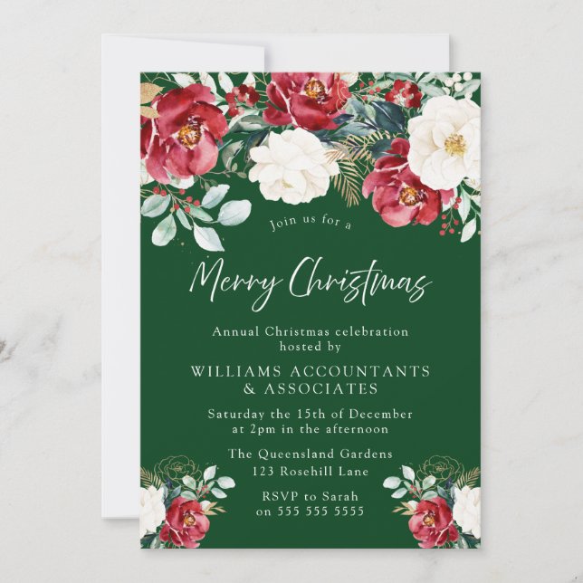 Beautiful Red White Green Floral Christmas Party Invitation (Front)