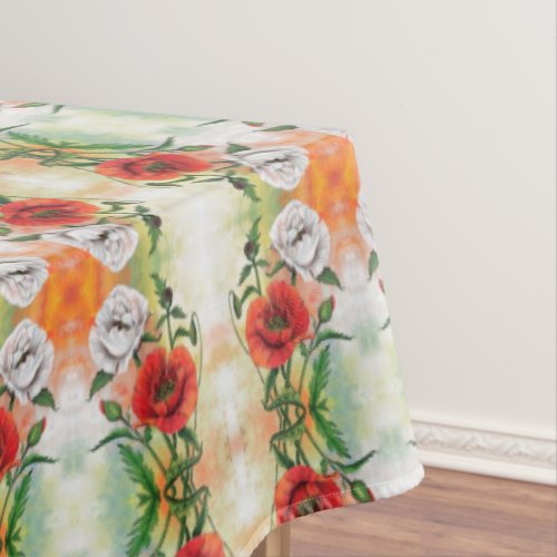 Beautiful Red White Poppies _ Migned Painting _ Tablecloth