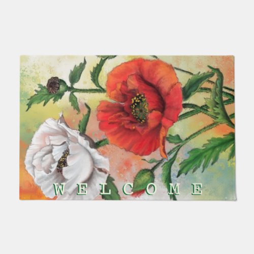 Beautiful Red White Poppies Painting _ Welcome _ Doormat