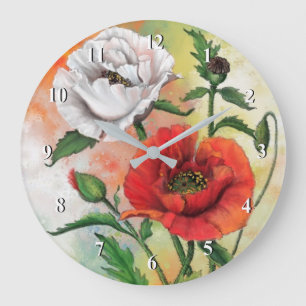 Beautiful Red White Poppies Wall Clock - Painting