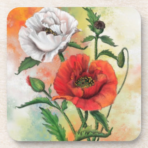 Beautiful Red White Poppy Coaster Painting
