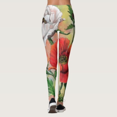 Beautiful Red White Poppy Leggings Painting