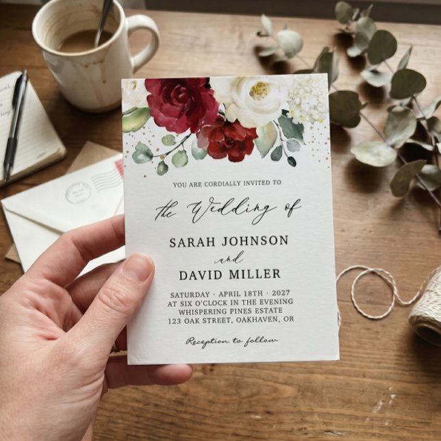 Beautiful Red White Rose Floral Eucalyptus Wedding Invitation (Creator Uploaded)